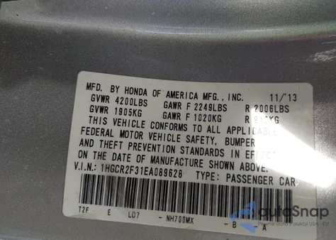 2014 Honda Accord Lx из США, поврежденный, VIN 1HGCR2F31EA089628